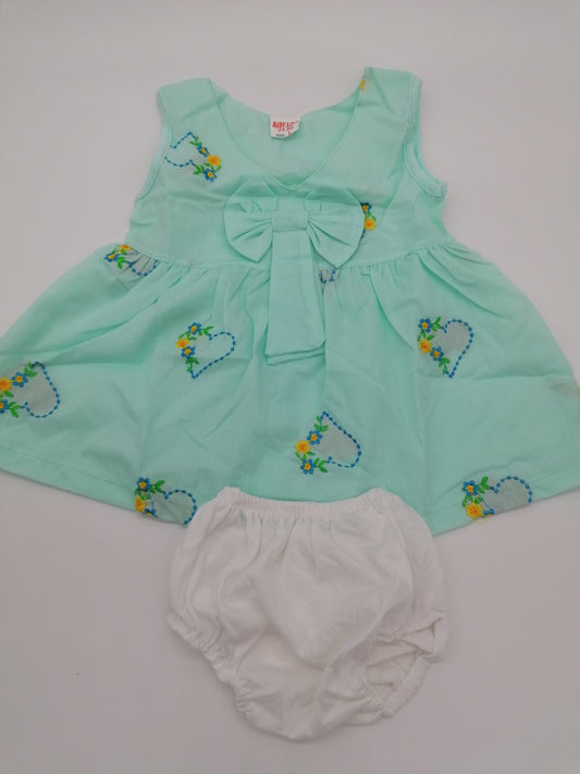 Pretty Baby Girls Green Embroidered Cotton Dress With Pants Length 13 Inches(33cm)