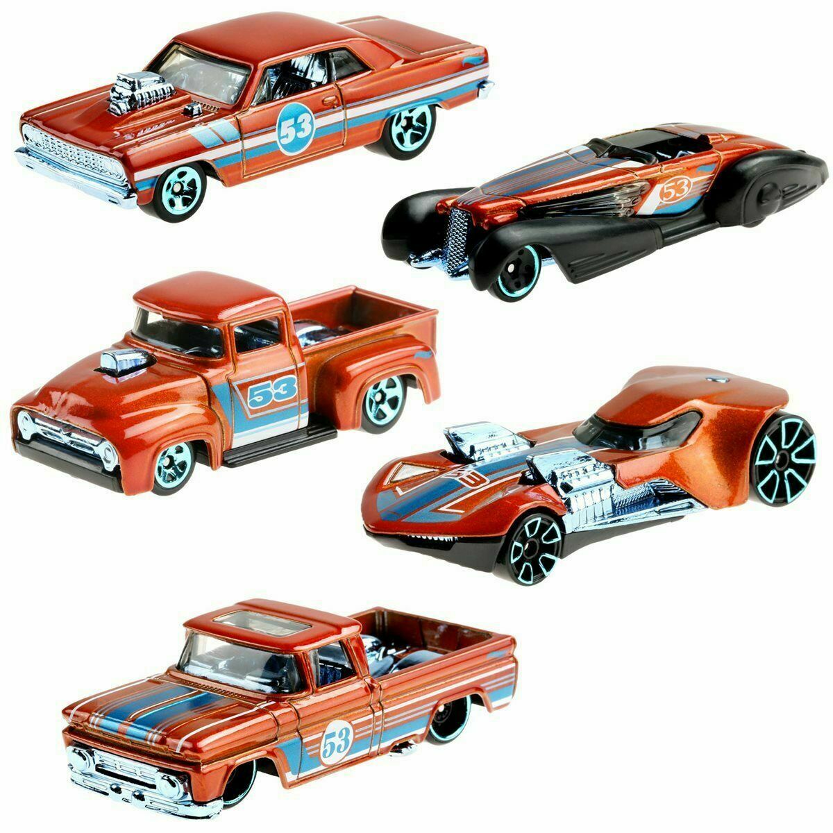 Hot Wheels 53. výročí oranžová a modrá řada Sada 5 vozů v měřítku 1/64