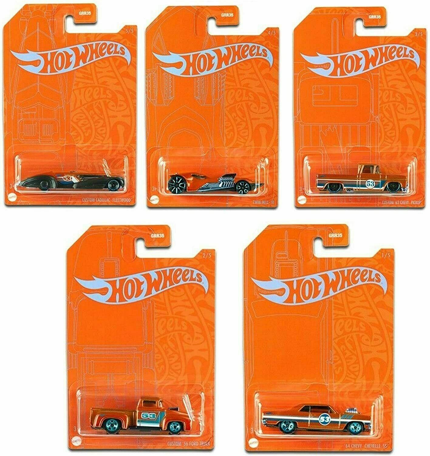 Hot Wheels 53. výročí oranžová a modrá řada Sada 5 vozů v měřítku 1/64